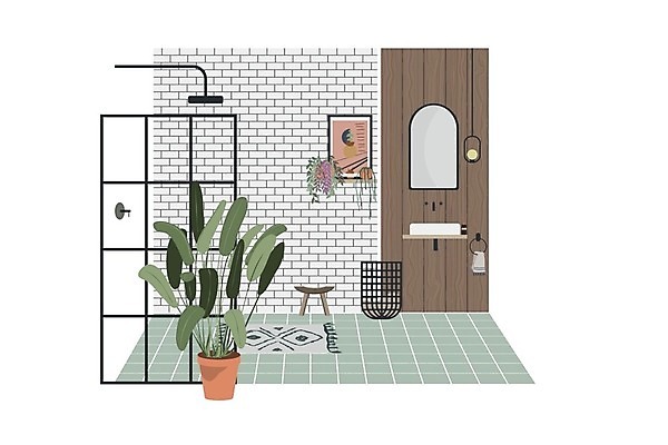 EPS 해외이미지 식물 디자인 벽 가구 일러스트 선반 주택 실내 통 내부 목재 장식 초록색 수건 꽃병 목욕 거울 방 욕실 흰색 장롱 플랫 타일 오브젝트 싱크대 비누 샴푸 샤워실 위생관리 스타일 현실 미니멀 해외일러스트 나무 꽃 컬러 생활용품 재료 관리 건물 위생용품 청결 개수대 샤워시설 파일형식 벡터 이미지허브