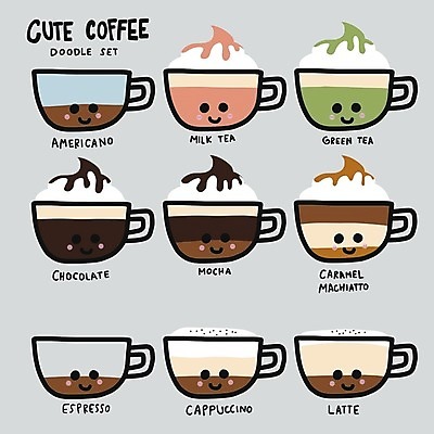 EPS 해외이미지 캐릭터 커피 일러스트 종류 사람없음 컵 초콜릿 카페 다양 커피잔 녹차 메뉴 아메리카노 카푸치노 에스프레소 라떼 마끼야또 모카 밀크티 해외일러스트 일러캐릭터 식기 음료 다수 디저트 잔 차_음료 상점 파일형식 벡터 이미지허브
