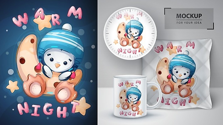 EPS 해외이미지 구름 캐릭터 커피 일러스트 베개 사람없음 컵 반려동물 달 잠 야간 만화 그림 목업 해외일러스트 일러캐릭터 자연요소 동물 식기 음료 침구 파일형식 벡터 이미지허브