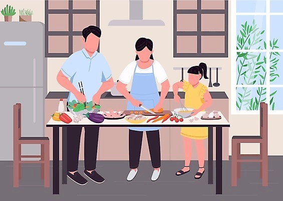 EPS 해외이미지 전신 접시 어린이 일러스트 재료 가족 탁자 실내 요리 사람 성인 내부 세명 주방 저녁식사 재료손질 건강식 요리준비 해외일러스트 식기 음식 가구 관계 식사 준비 손질 파일형식 벡터 이미지허브