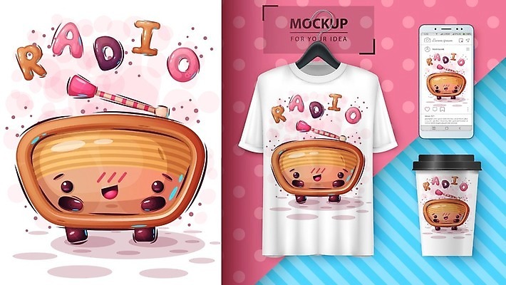 EPS 해외이미지 캐릭터 커피 음악 파도 티셔츠 일러스트 안테나 사람없음 컵 만화 그림 라디오 목업 해외일러스트 일러캐릭터 식기 음료 바다 셔츠 통신 문화예술 전자제품 파일형식 벡터 이미지허브