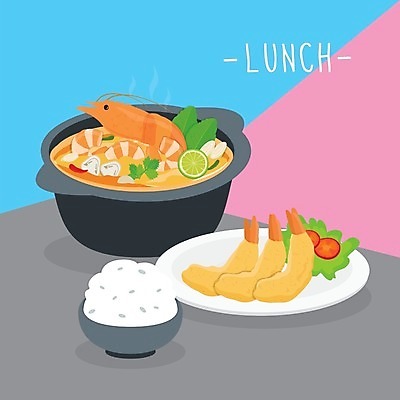 EPS 해외이미지 그릇 접시 토마토 일러스트 밥 조개 새우 사람없음 샐러드 냄비 라임 점심 새우튀김 점심식사 해외일러스트 식기 음식 채소 과일 어패류 갑각류 식사 튀김 솥 파일형식 벡터 이미지허브