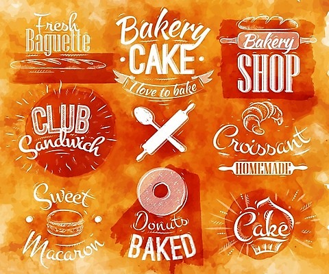 EPS 해외이미지 리본 일러스트 수채화 사람없음 세트 라벨 빵집 도넛 바게트 컵케이크 크루아상 손그림 마카롱 반죽밀대 해외일러스트 빵 디저트 프레임 케이크 상점 밀대 파일형식 벡터 이미지허브