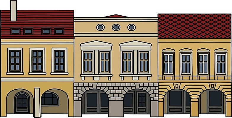 EPS 해외이미지 도로 길 일러스트 거리 주택 굴뚝 건물 빨간색 노란색 회색 햄버거 흰색 도시 역사 만화 대문 정사각형 광장 타운 법정 옛날 회랑 해외일러스트 도형 건축물 컬러 교통시설 패스트푸드 문 복도 파일형식 벡터 이미지허브