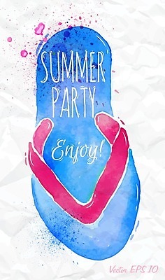 EPS 해외이미지 영어 일러스트 수채화 타이포그라피 사람없음 여름 파란색 샌들 쪼리 손그림 해외일러스트 문자 계절 컬러 신발 파일형식 벡터 이미지허브