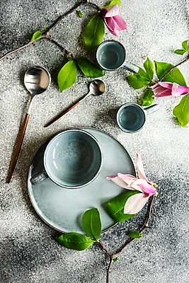 포토 JPG 해외이미지 접시 꽃 잎 회색배경 쟁반 사람없음 숟가락 나뭇가지 찻잔 플랫레이 해외포토 나무 식물 식기 백그라운드 잔 수저 회색 플랫 파일형식 이미지허브