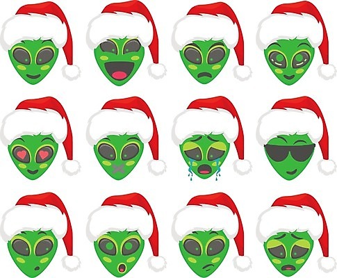 EPS 해외이미지 얼굴 스티커 크리스마스 일러스트 휴가 초록색 세트 산타클로스 머리 외계인 축하 UFO 이모티콘 휴머노이드 클라우스 해외일러스트 기념일 컬러 컨셉 신체부위 미확인물체 로봇 파일형식 벡터 이미지허브