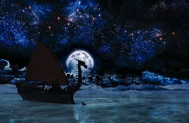 포토 JPG 해외이미지 실루엣 별 바다 백그라운드 사람없음 파란색 빛 달 야간 신비 해적선 돛대 해외포토 자연요소 컬러 컨셉 배_교통 촬영기법 파일형식 이미지허브