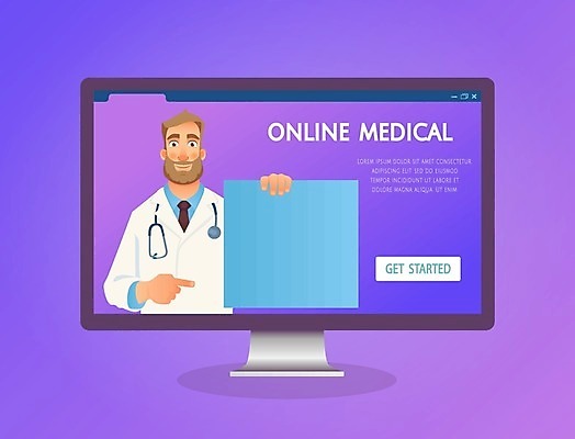 EPS 해외이미지 직업 교육 일러스트 청진기 건강 병원 사람 치료 컴퓨터 약 스크린 모니터 웹 환자 의사 질문 처방 부름 질서 온라인 동영상 돌봄 조언 해외일러스트 인터넷 의학 의료기기 모션 전자제품 의료진 예절 파일형식 벡터 이미지허브