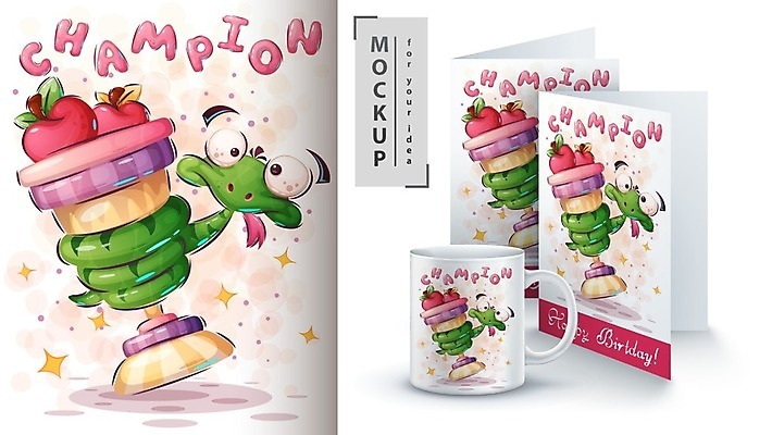 EPS 해외이미지 캐릭터 일러스트 사람없음 컵 반려동물 뱀 사과 만화 메달 챔피언 목업 해외일러스트 일러캐릭터 동물 식기 과일 파충류 상_상패 파일형식 벡터 이미지허브