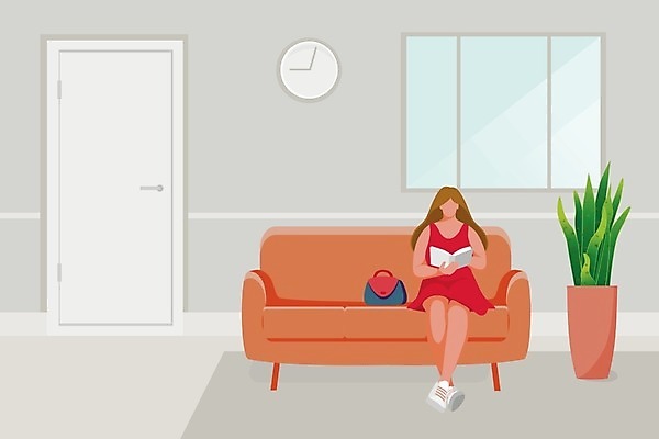 EPS 해외이미지 식물 여자 일러스트 창문 실내 사람 앉기 책 소파 사무실 문 꽃병 방 핸드백 기다림 읽기 리빙 접수 해외일러스트 꽃 의자 가방 비즈니스 모션 내부 파일형식 벡터 이미지허브