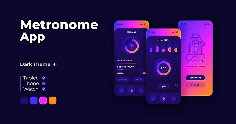 EPS 해외이미지 일러스트 사람없음 스마트폰 보라색 어플리케이션 그라데이션 UI 메트로놈 해외일러스트 컬러 핸드폰 스마트기기 파일형식 벡터 이미지허브
