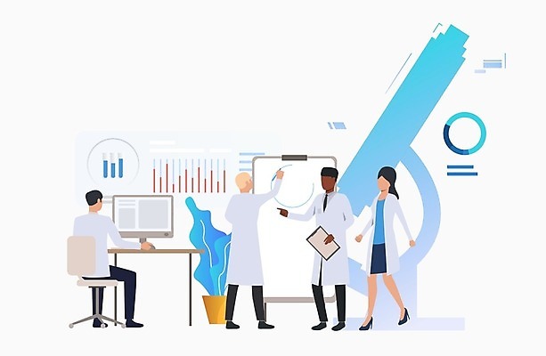 EPS 해외이미지 전신 여자 남자 의자 일러스트 의학 그래프 현미경 서기 들기 앉기 여러명 성인 컴퓨터 모니터 가리킴 과학자 책상 서류판 성인만 해외일러스트 직업 과학 가구 다수 모션 실험기구 사람 손짓 전자제품 사무용품 학자 파일형식 벡터 이미지허브