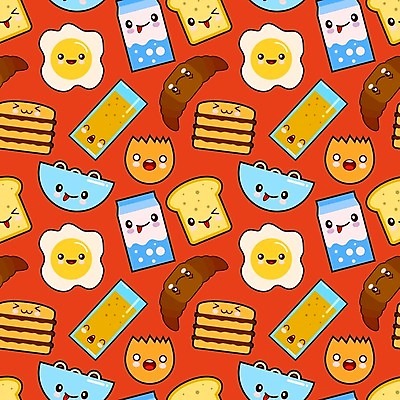 EPS 해외이미지 패턴 일러스트 사람없음 빨간색 우유 계란프라이 크루아상 식빵 음식캐릭터 해외일러스트 일러캐릭터 캐릭터 음식 빵 컬러 무늬 유제품 계란요리 파일형식 벡터 이미지허브