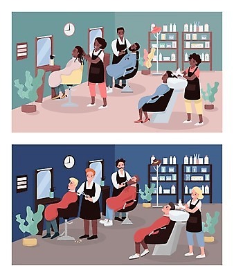 EPS 해외이미지 백인 여자 남자 일러스트 실내 사람 풍경 여러명 내부 상점 미용실 미용사 이발 고객 이발사 스타일 성인만 해외일러스트 서양인 직업 다수 뷰티샵 파일형식 벡터 이미지허브