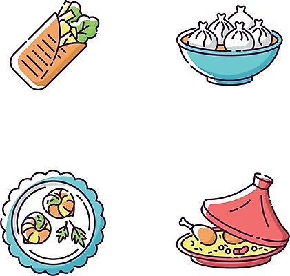 EPS 해외이미지 접시 일러스트 요리 사람없음 치킨 만두 딤섬 달팽이요리 브리또 엘리먼트 해외일러스트 식기 음식 중식 닭고기요리 파일형식 벡터 이미지허브