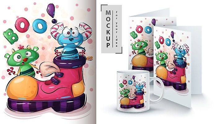 EPS 해외이미지 캐릭터 커피 운동화 신발 일러스트 부츠 사람없음 컵 만화 몬스터 호러 목업 해외일러스트 일러캐릭터 식기 음료 공포 파일형식 벡터 이미지허브