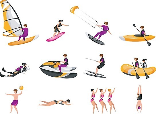 EPS 해외이미지 디자인 여자 남자 일러스트 들기 여러명 성인 수영 윈드서핑 수상스포츠 보트 서핑 스노클링 다이빙 카누 수영선수 모터보트 수상스키 서퍼 수구 성인만 해외일러스트 스포츠 다수 배_교통 모션 운동선수 사람 여름스포츠 수중스포츠 파일형식 벡터 이미지허브