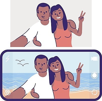 EPS 해외이미지 편집 디자인 커플 여자 남자 바다 백그라운드 컨셉 일러스트 아이디어 미소 성인 해변 두명 스마트폰 어플리케이션 셀프카메라 브이 손뻗기 필터 성인만 해외일러스트 관계 모션 표정 사람 손짓 핸드폰 스마트기기 사진촬영 파일형식 벡터 이미지허브