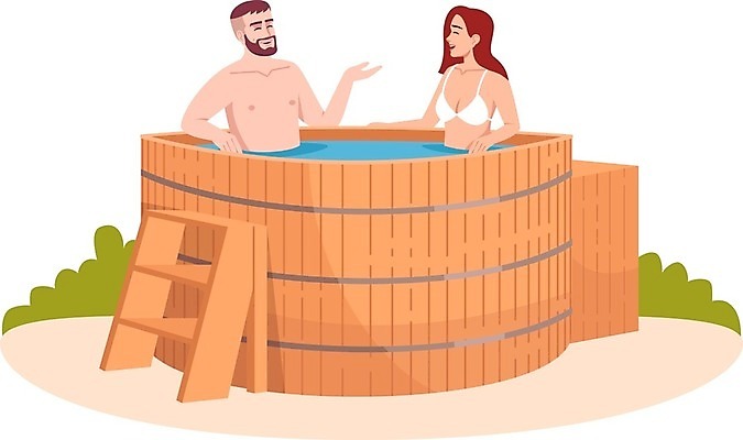 EPS 해외이미지 여자 남자 수영복 일러스트 휴식 욕조 상반신 성인 두명 목재 온천 스파 성인만 해외일러스트 나무 옷 컨셉 재료 사람 파일형식 벡터 이미지허브