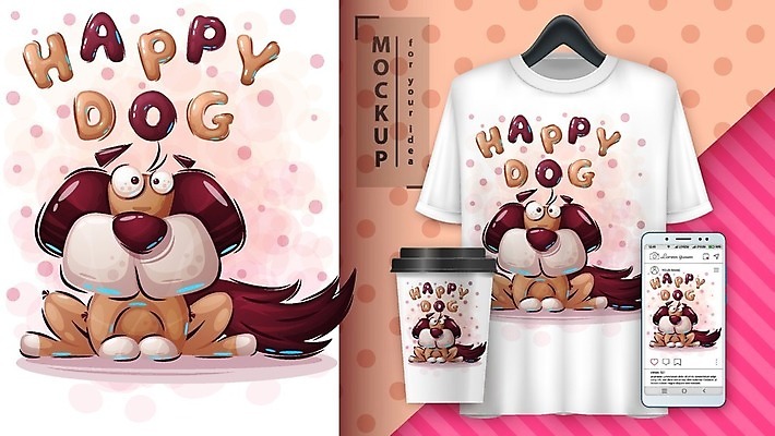 EPS 해외이미지 캐릭터 커피 티셔츠 일러스트 사람없음 컵 반려동물 강아지 만화 그림 불독 목업 해외일러스트 일러캐릭터 동물 식기 음료 셔츠 개 파일형식 벡터 이미지허브