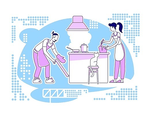 EPS 해외이미지 전신 라이프스타일 커플 여자 남자 여유 하늘색 일러스트 가족 휴식 함께함 실내 요리 성인 두명 일상 주방 보라색 고양이 앞치마 잡기 오픈 프라이팬 오븐 냄비 굽기 주말 성인만 반려묘 젓기 해외일러스트 감정 컬러 컨셉 포유류 관계 모션 주방용품 사람 내부 라이프 생활 파란색 반려동물 가전제품 솥 구이 파일형식 벡터 이미지허브