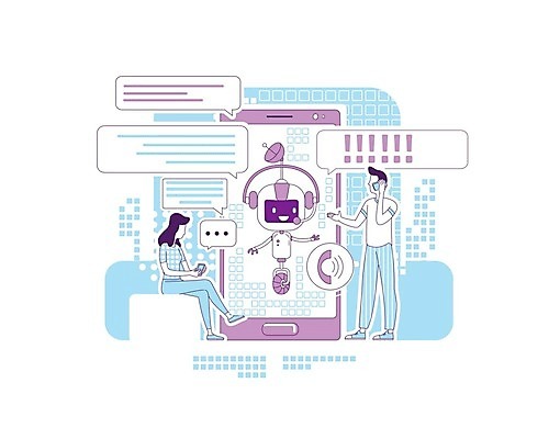 EPS 해외이미지 전신 캐릭터 여자 남자 하늘색 말풍선 일러스트 대화 들기 앉기 성인 두명 스마트폰 보라색 메시지 로봇 상담 통화 성인만 채팅봇 AI_인공지능 해외일러스트 일러캐릭터 컬러 모션 말하기 사람 파란색 핸드폰 스마트기기 파일형식 벡터 이미지허브