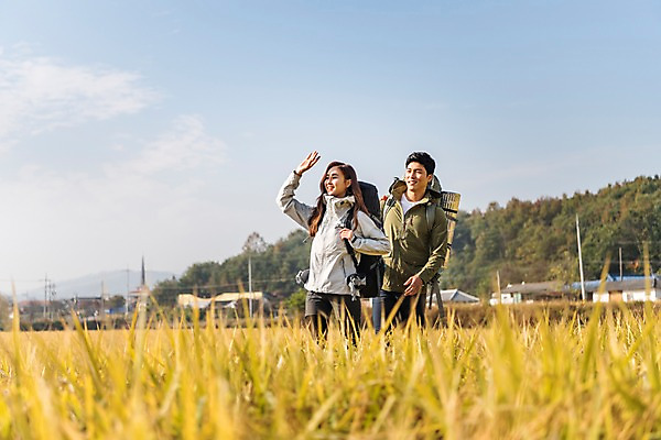 포토 JPG 주간 커플 여자 남자 여행 배낭 아웃도어 미소 사람 풍경 상반신 20대 성인 야외 두명 옆모습 손들기 걷기 맑음 한국인 벼 가을 농촌 시골 눈부심 논두렁 논밭 성인만 국내포토 여주시 자연요소 계절 뷰포인트 밭 가방 관계 모션 날씨 곡류 논 표정 동양인 청년 경기도 파일형식