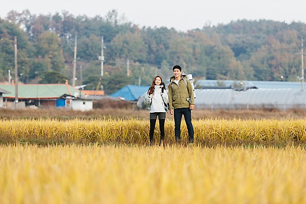 포토 JPG 주간 전신 커플 응시 여자 남자 여행 배낭 주택 논 아웃도어 서기 미소 사람 풍경 20대 성인 야외 두명 앞모습 한국인 벼 가을 농촌 시골 논두렁 성인만 국내포토 여주시 자연요소 시선 계절 뷰포인트 농업 가방 관계 모션 곡류 표정 동양인 청년 건물 경기도 파일형식