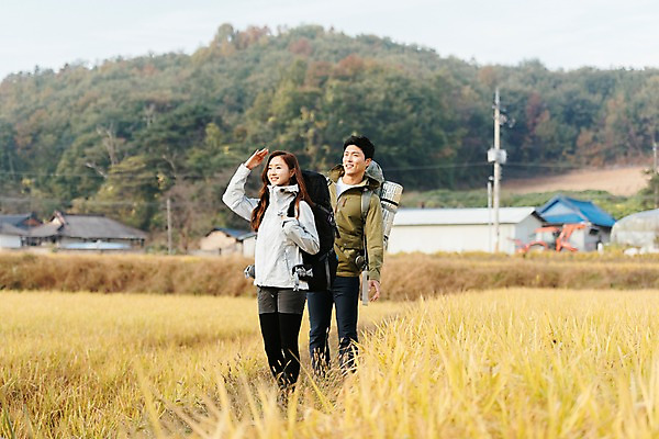 포토 JPG 주간 커플 응시 여자 남자 여행 배낭 아웃도어 미소 사람 풍경 상반신 20대 성인 야외 두명 앞모습 걷기 한국인 벼 가을 농촌 시골 논두렁 논밭 성인만 국내포토 여주시 자연요소 시선 계절 뷰포인트 밭 가방 관계 모션 곡류 논 표정 동양인 청년 경기도 파일형식
