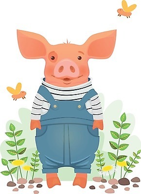 EPS 해외이미지 한마리 곤충 잎 일러스트 사람없음 귀여움 돌_바위 돼지 민들레 멜빵바지 돼지캐릭터 해외일러스트 식물 동물 1 꽃 동물캐릭터 컨셉 바지 포유류 멜빵 파일형식 벡터 이미지허브