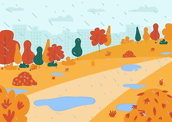 EPS 해외이미지 구름 백그라운드 일러스트 단풍나무 풍경 사람없음 건물 주황색 산책로 가을 풀 비 웅덩이 해외일러스트 자연요소 나무 식물 건축물 계절 길 컬러 단풍 날씨 파일형식 벡터 이미지허브