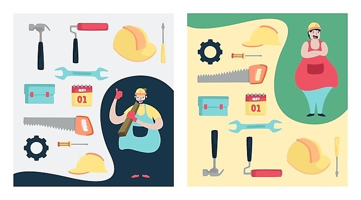 EPS 해외이미지 전신 남자 일러스트 노동자 작업복 웃음 들기 성인 두명 목재 팔짱 달력 스패너 망치 안전모 공구함 톱니바퀴 롤러 톱 따봉 근로자의날 성인남자만 해외일러스트 나무 직업 옷 기념일 재료 모션 표정 사람 공구 최고 헬멧 안전장비 남자만 성인만 파일형식 벡터 이미지허브