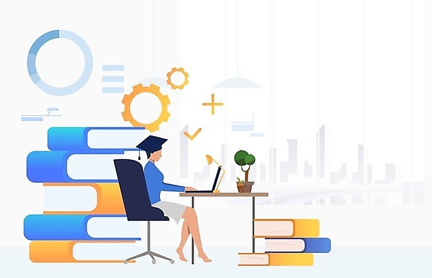 EPS 해외이미지 학생 여자 교육 일러스트 학사모 한명 앉기 성인 책 노트북 대학교 성인여자한명만 해외일러스트 모자_잡화 1 졸업 학교 모션 사람 전자제품 여자한명만 성인여자만 파일형식 벡터 이미지허브