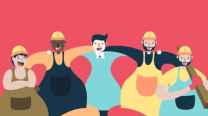 EPS 해외이미지 남자 일러스트 어깨동무 노동자 작업복 웃음 들기 여러명 상반신 성인 목재 팔짱 안전모 근로자의날 성인남자만 해외일러스트 나무 직업 옷 기념일 포즈 다수 재료 모션 표정 사람 헬멧 안전장비 남자만 성인만 파일형식 벡터 이미지허브