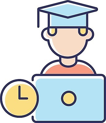 EPS 해외이미지 학생 교육 시계 일러스트 학사모 사람모양 사람없음 노트북 온라인강의 이러닝 해외일러스트 모양 모자_잡화 졸업 전자제품 강의 파일형식 벡터 언택트 이미지허브