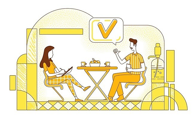 EPS 해외이미지 전신 여자 남자 말풍선 의자 일러스트 들기 앉기 성인 두명 노란색 구직 기록 라인아트 체크표시 면접 성인만 해외일러스트 선 컬러 가구 컨셉 비즈니스 모션 사람 확인 파일형식 벡터 이미지허브