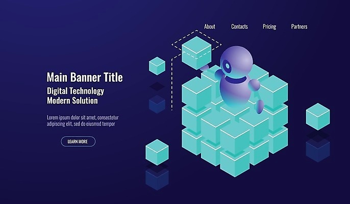 EPS 해외이미지 일러스트 사람없음 디지털 사각형 과학기술 남색 스마트 로봇 큐브 아이소메트릭 빅데이터 해외일러스트 도형 컬러 컨셉 기술 파일형식 벡터 4차산업 이미지허브