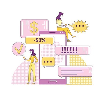 EPS 해외이미지 전신 여자 말풍선 일러스트 비즈니스 들기 앉기 성인 두명 스마트폰 노란색 세일 달러 보라색 느낌표 라인아트 체크표시 마케팅 성인여자만 해외일러스트 기호 선 컬러 돈 모션 사람 핸드폰 스마트기기 확인 여자만 성인만 파일형식 벡터 이미지허브