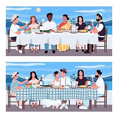 EPS 해외이미지 전신 부부 여자 남자 음식 빵 바다 웨딩드레스 결혼 와인잔 의자 과일 일러스트 탁자 들기 앉기 여러명 성인 세트 꽃병 축하 전통의상 건배 다국적 신랑신부 성인만 해외일러스트 전통 커플 드레스 꽃 신부_웨딩 가구 다수 신랑 컨셉 술잔 모션 사람 이벤트 파일형식 벡터 이미지허브