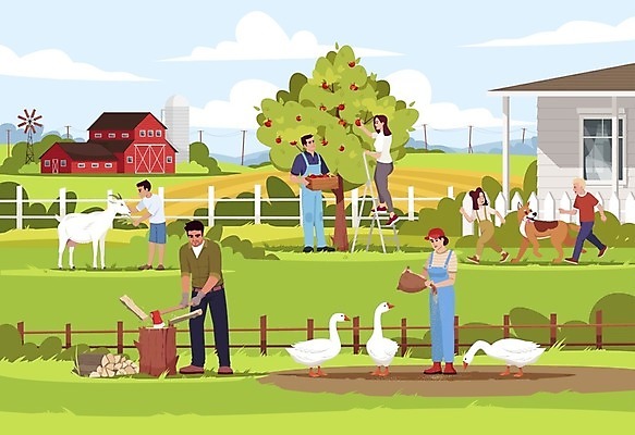 EPS 해외이미지 나무 디자인 여자 남자 어린이 컨셉 일러스트 염소 소년 여러명 성인 야외 농가 농장 걷기 마을 목장 수확 농촌 시골 개 모이 장작 거위 사과나무 모이주기 해외일러스트 식물 다수 농업 포유류 모션 조류 사람 사과 먹이 파일형식 벡터 이미지허브