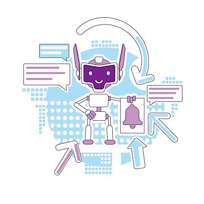 EPS 해외이미지 캐릭터 화살표 하늘색 말풍선 일러스트 들기 사람없음 보라색 알림 로봇 알림종 AI_인공지능 해외일러스트 일러캐릭터 컬러 모션 파란색 파일형식 벡터 이미지허브