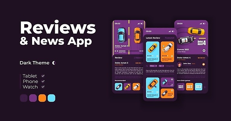 EPS 해외이미지 일러스트 자동차 사람없음 스마트폰 보라색 뉴스 어플리케이션 UI 리뷰 해외일러스트 육상교통 컬러 핸드폰 스마트기기 파일형식 벡터 이미지허브