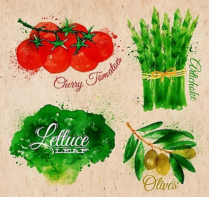 EPS 해외이미지 일러스트 방울토마토 수채화 사람없음 상추 올리브 아스파라거스 손그림 엘리먼트 해외일러스트 열매 토마토 채소 파일형식 벡터 이미지허브