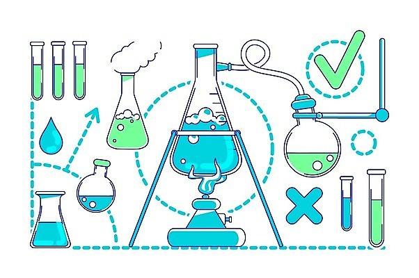 EPS 해외이미지 점선 과학 일러스트 미래 실험 사람없음 파란색 거품 물방울 연기 X 체크표시 시험관 비커 삼각플라스크 알코올램프 지지대 해외일러스트 알파벳 선 컬러 컨셉 실험기구 도구 플라스크 확인 파일형식 벡터 이미지허브