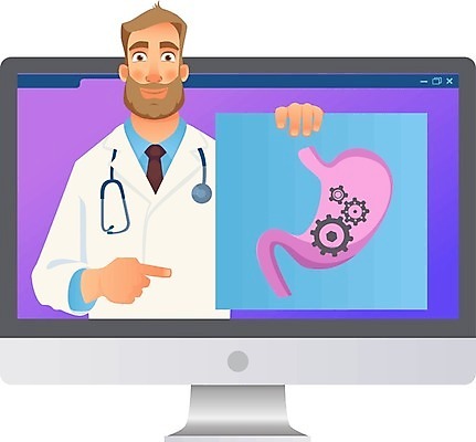 EPS 해외이미지 일러스트 해부 청진기 건강 병원 사람 치료 컴퓨터 약 스크린 모니터 웹 환자 의사 질문 부름 온라인 동영상 췌장 돌봄 조언 해외일러스트 인터넷 의학 의료기기 모션 전자제품 의료진 장기_의학 파일형식 벡터 이미지허브