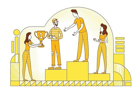 EPS 해외이미지 전신 여자 남자 일러스트 비즈니스 들기 여러명 성인 노란색 성장 축하 박수 트로피 라인아트 순위 성인만 해외일러스트 선 컬러 다수 컨셉 모션 사람 손짓 상_우승 파일형식 벡터 이미지허브