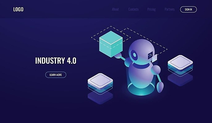 EPS 해외이미지 일러스트 들기 사람없음 디지털 블록 과학기술 남색 스마트 로봇 아이소메트릭 습득 빅데이터 AI_인공지능 해외일러스트 컬러 컨셉 모션 기술 파일형식 벡터 4차산업 이미지허브