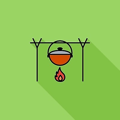 EPS 해외이미지 여행 일러스트 매달리기 캠핑도구 요리 사람없음 야외 주방 검은색 캠핑 하이킹 장비 수프 냄비 장작 모닥불 오브젝트 그림 해외일러스트 컬러 모션 불 레저 도구 솥 파일형식 벡터 이미지허브