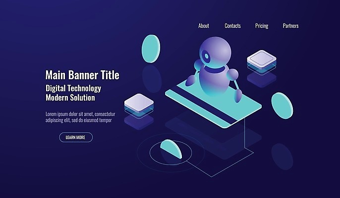 EPS 해외이미지 일러스트 사람없음 금융 디지털 과학기술 원형 신용카드 남색 스마트 로봇 아이소메트릭 AI_인공지능 해외일러스트 도형 컬러 컨셉 기술 경제 파일형식 벡터 이미지허브